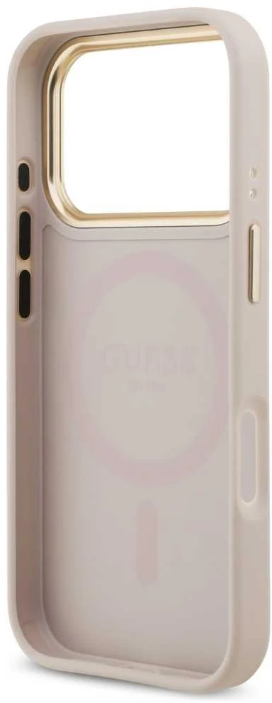 GUESS dėklas, skirtas IPHONE 17 Pro, suderinamas su „MagSafe“ GUHMP17LPGCRMDEP (PU su grūdėtu juodu logotipu), rožinis