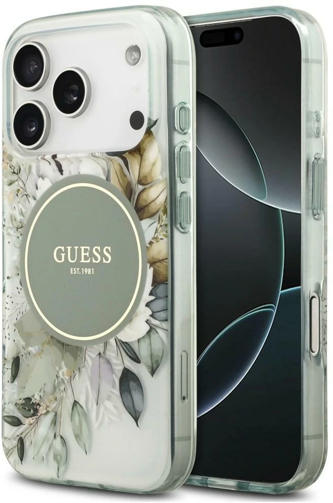 Dėklas Guess IML Flower & Tonal Circle MagSafe, skirtas iPhone 18 Pro Max / 17 Pro Max, žalias