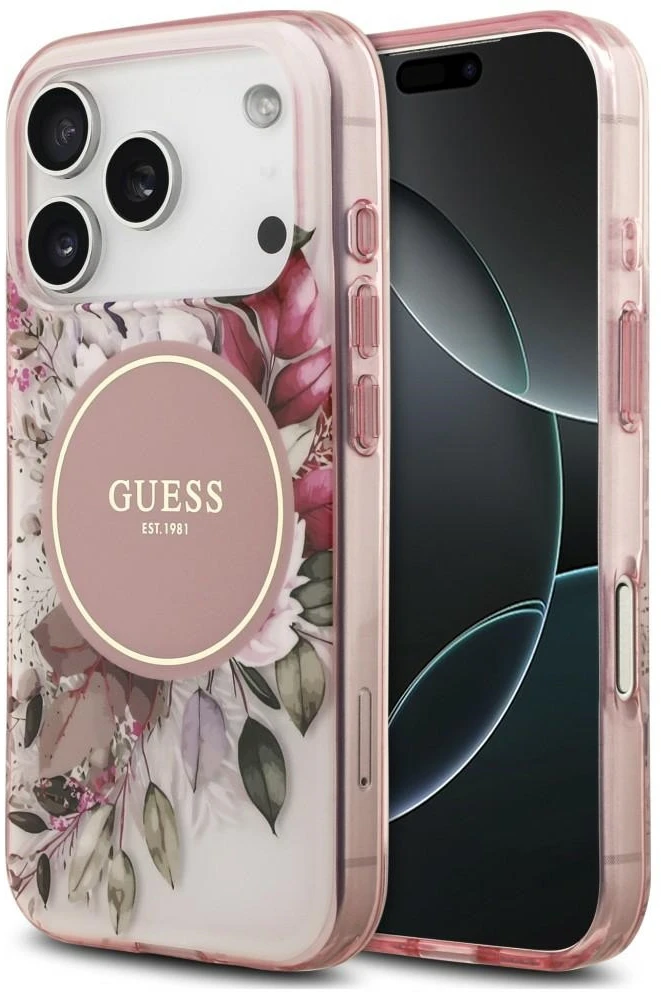 Dėklas Guess IML Flower & Tonal Circle MagSafe, skirtas iPhone 18 Pro Max / 17 Pro Max, rožinis