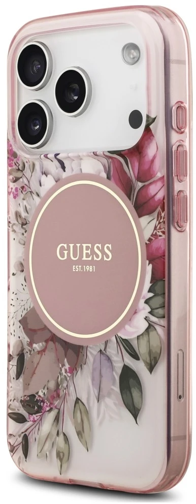 Dėklas Guess IML Flower & Tonal Circle MagSafe, skirtas iPhone 18 Pro / 17 Pro, rožinis