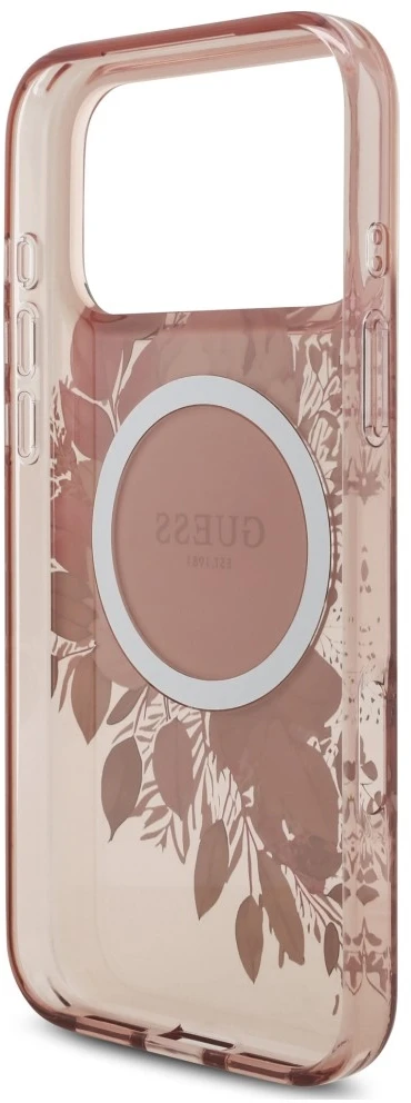 Dėklas Guess IML Flowers Pearl Strap MagSafe, skirtas iPhone 18 Pro Max / 17 Pro Max, rožinis