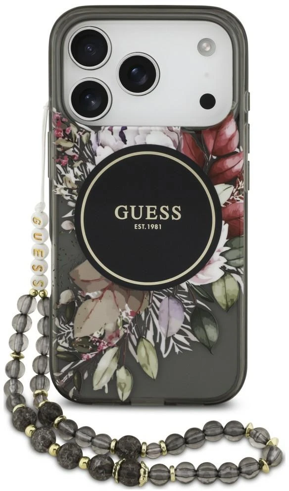 Dėklas Guess IML Flowers Pearl Strap MagSafe, skirtas iPhone 18 Pro / 17 Pro, juodas