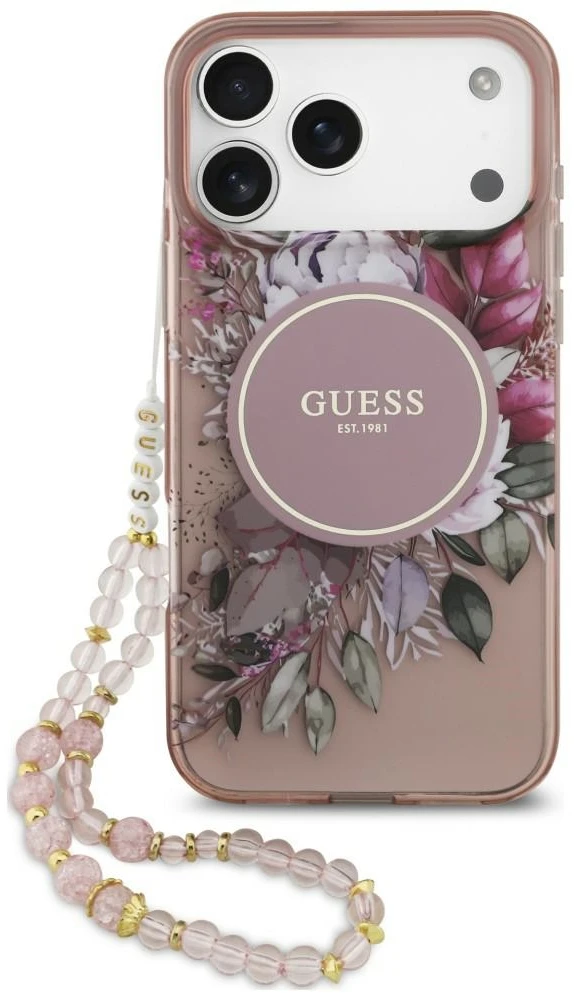 Dėklas Guess IML Flowers Pearl Strap MagSafe, skirtas iPhone 18 Pro / 17 Pro, rožinis