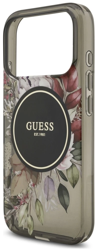 Dėklas Guess IML Flowers Pearl Strap MagSafe, skirtas iPhone 18 Pro / 17 Pro, juodas