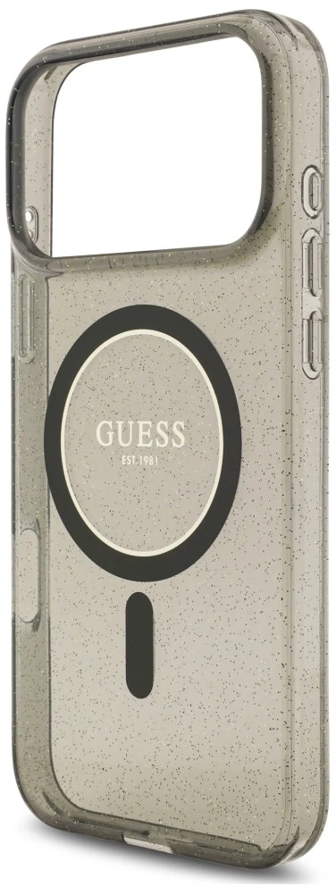Dėklas Guess IML Glitter Pearl su dirželiu ir MagSafe funkcija, skirtas iPhone 18 Pro Max / 17 Pro Max, juodas
