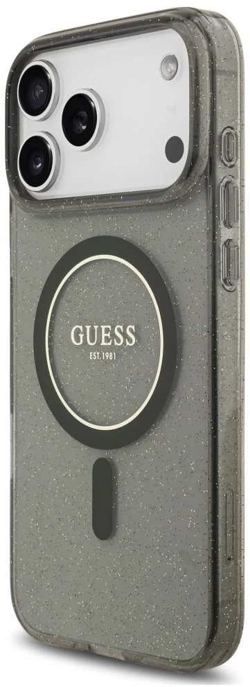 Dėklas Guess IML Glitter Pearl su dirželiu ir MagSafe funkcija, skirtas iPhone 18 Pro Max / 17 Pro Max, juodas