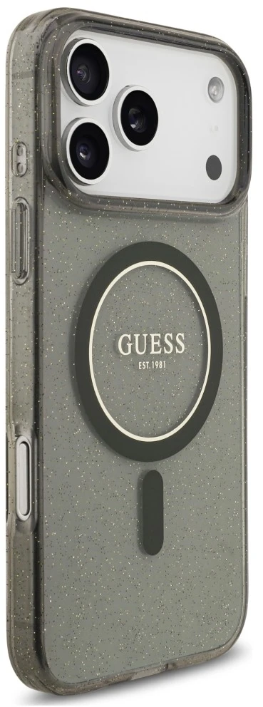 Dėklas Guess IML Glitter Pearl su dirželiu ir MagSafe funkcija, skirtas iPhone 18 Pro Max / 17 Pro Max, juodas