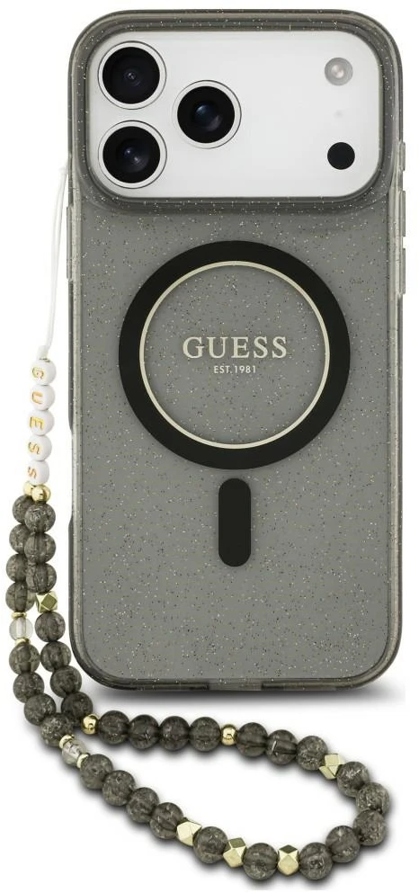 Dėklas Guess IML Glitter Pearl su dirželiu ir MagSafe funkcija, skirtas iPhone 18 Pro Max / 17 Pro Max, juodas