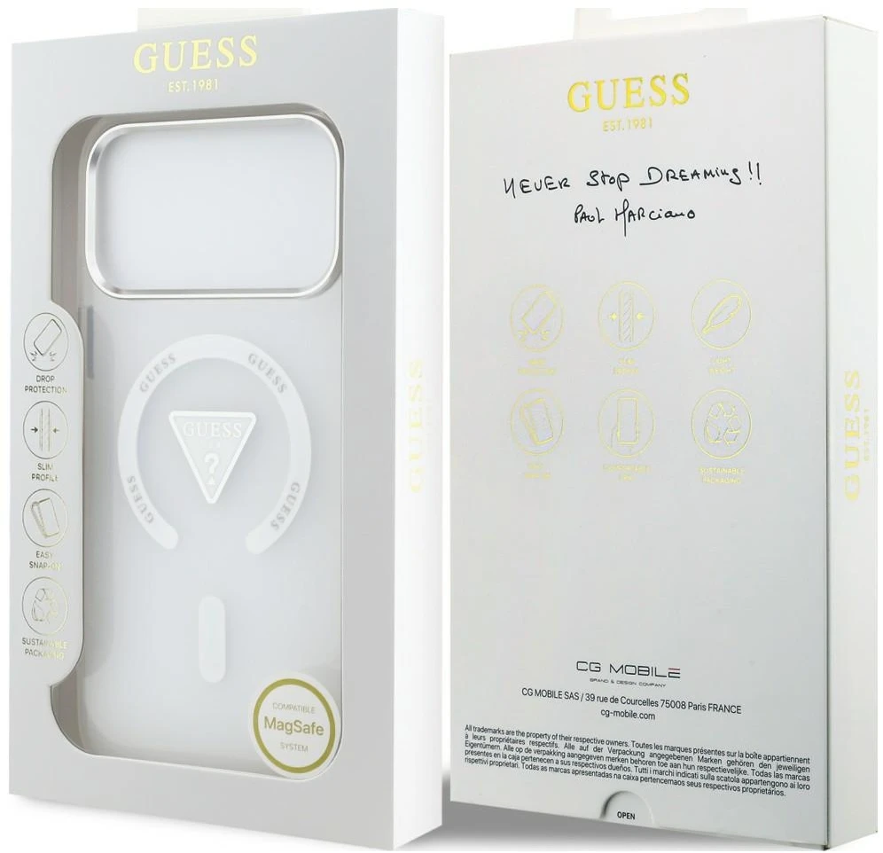 Dėklas Guess IML Gradient Triangle Logo MagSafe, skirtas iPhone 18 Pro Max / 17 Pro Max, skaidrus