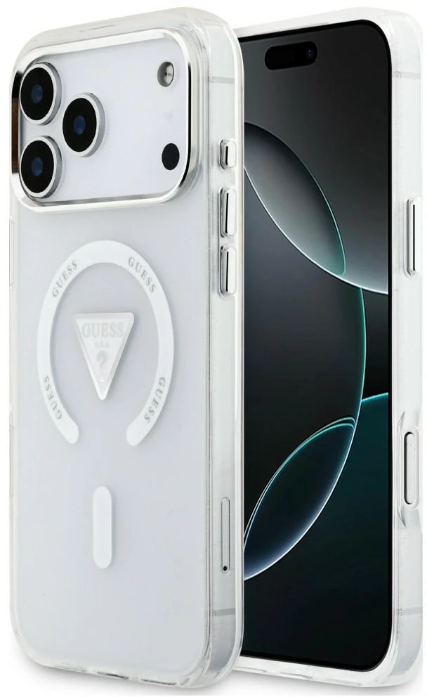 Dėklas Guess IML Gradient Triangle Logo MagSafe, skirtas iPhone 18 Pro Max / 17 Pro Max, skaidrus