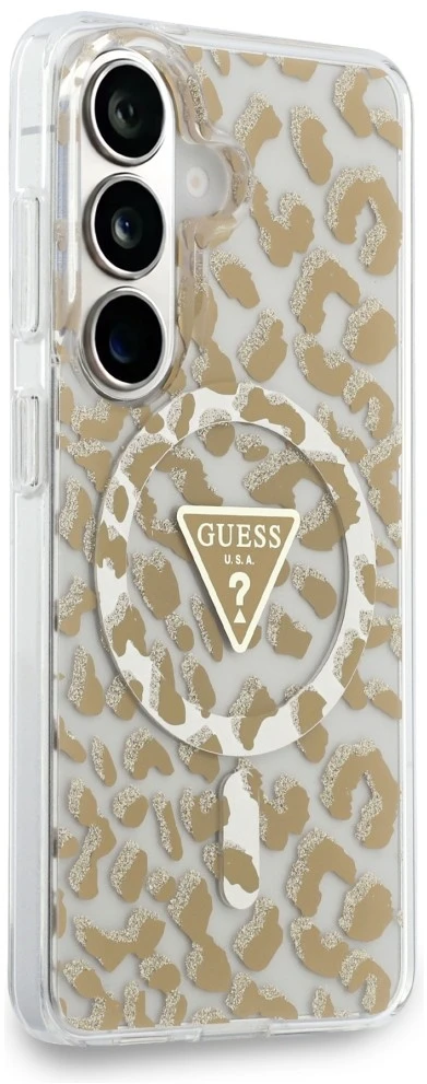 Dėklas Guess IML Leopard Print Triangle MagSafe Samsung Galaxy S26 rudos spalvos