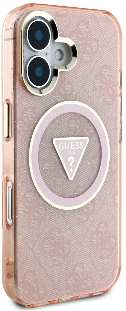 Guess IML Metal Glitter 4G Circle Triangle MagSafe dėklas iPhone 16 - rožinis