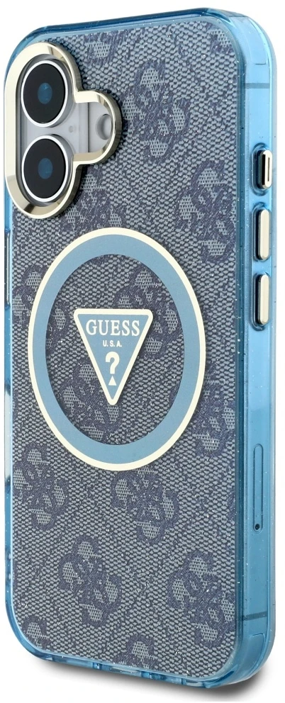 Guess IML Metal Glitter 4G Circle Triangle MagSafe dėklas, skirtas iPhone 16 - Mėlyna