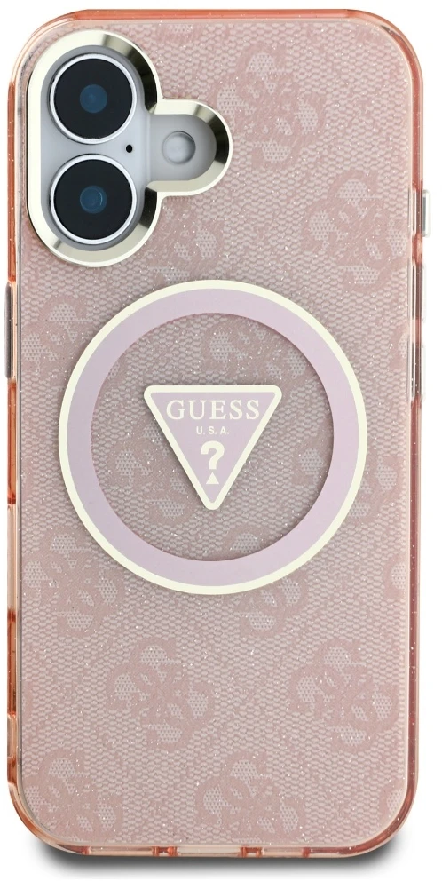 Guess IML Metal Glitter 4G Circle Triangle MagSafe dėklas iPhone 16 - rožinis