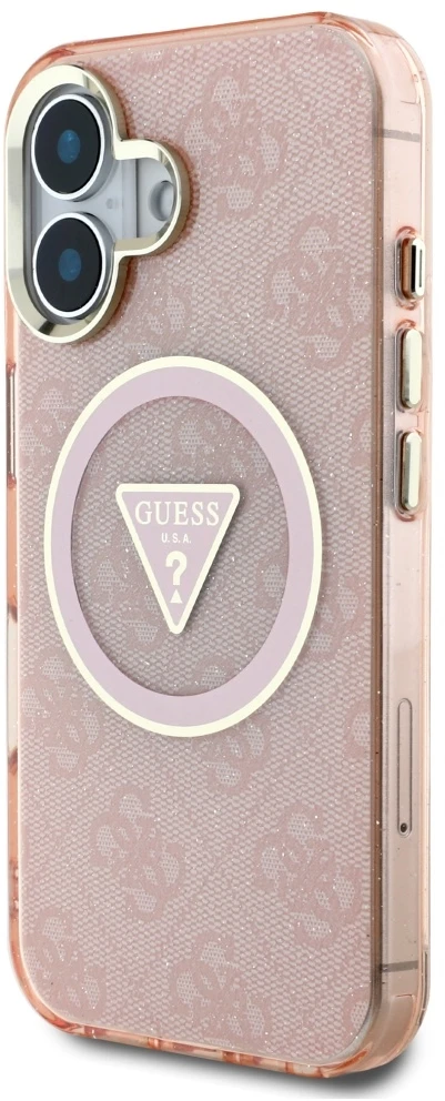 Guess IML Metal Glitter 4G Circle Triangle MagSafe dėklas iPhone 16 - rožinis