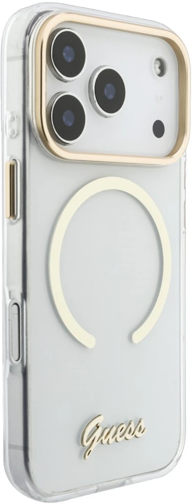 Dėklas Guess IML Script Metal MagSafe, skirtas iPhone 18 Pro / 17 Pro, skaidrus