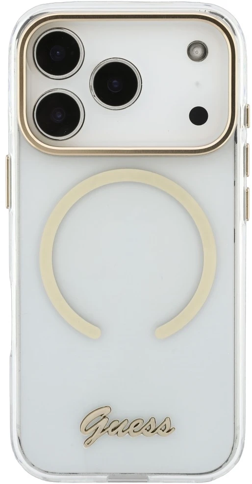 Dėklas Guess IML Script Metal MagSafe, skirtas iPhone 18 Pro Max / 17 Pro Max, skaidrus