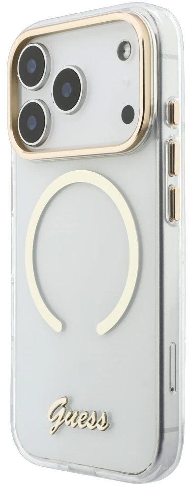 Dėklas Guess IML Script Metal MagSafe, skirtas iPhone 18 Pro Max / 17 Pro Max, skaidrus