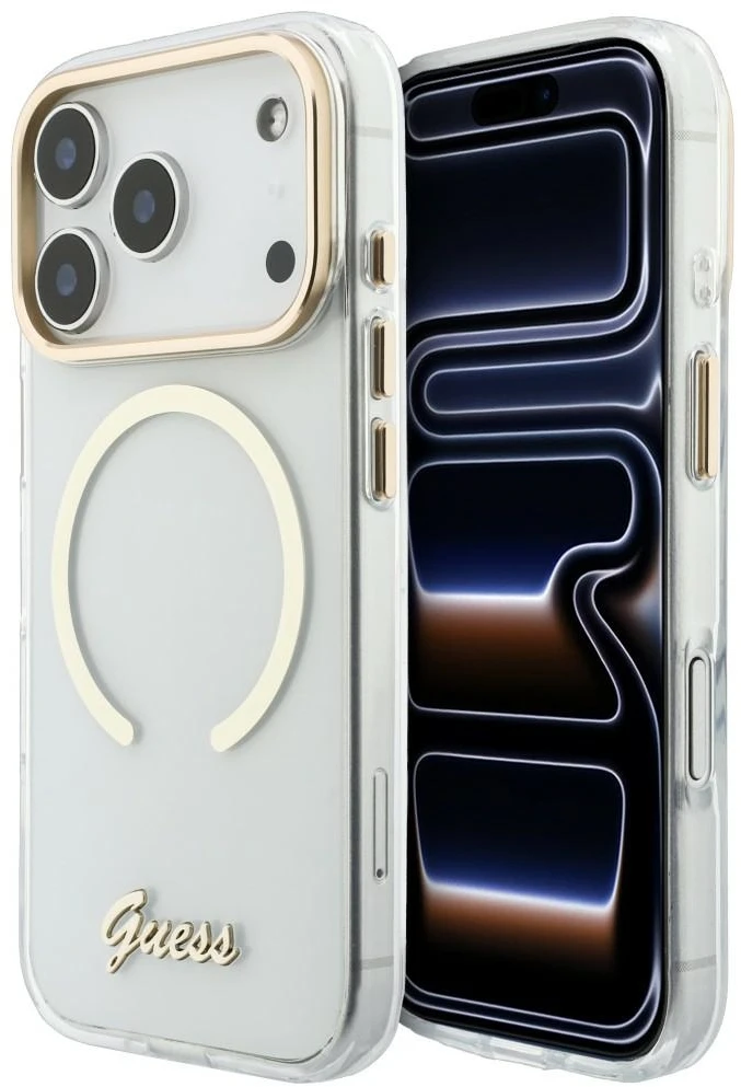 Dėklas Guess IML Script Metal MagSafe, skirtas iPhone 18 Pro Max / 17 Pro Max, skaidrus