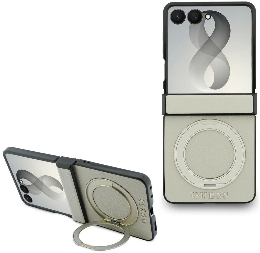 Guess Magnetic Ring Stand Grained Classic Logo MagSafe dėklas, skirtas Samsung Galaxy Z Flip8, smėlio spalvos