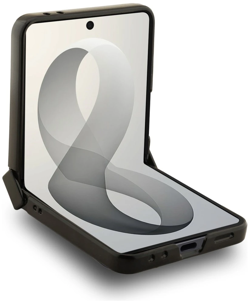 Guess Magnetic Ring Stand Grained Classic Logo MagSafe dėklas, skirtas Samsung Galaxy Z Flip8, smėlio spalvos