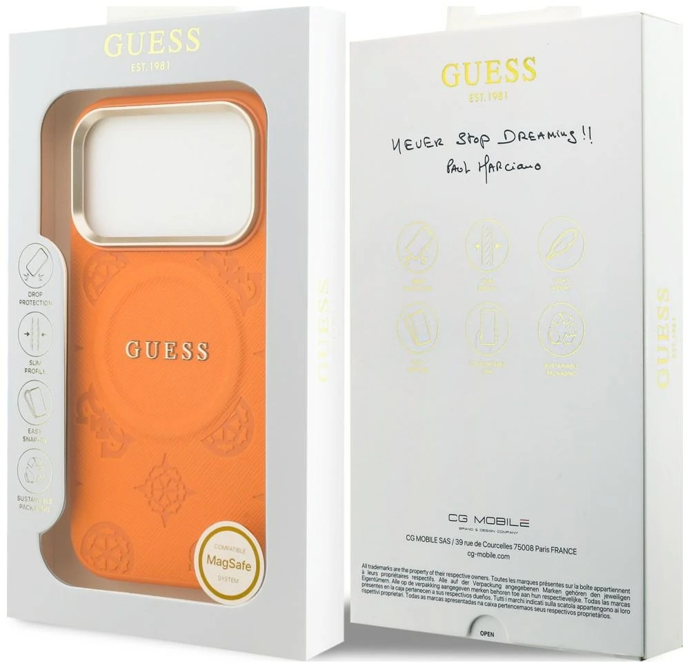 Dėklas Guess Peony Hot Stamp MagSafe, skirtas iPhone 18 Pro Max / 17 Pro Max, oranžinis