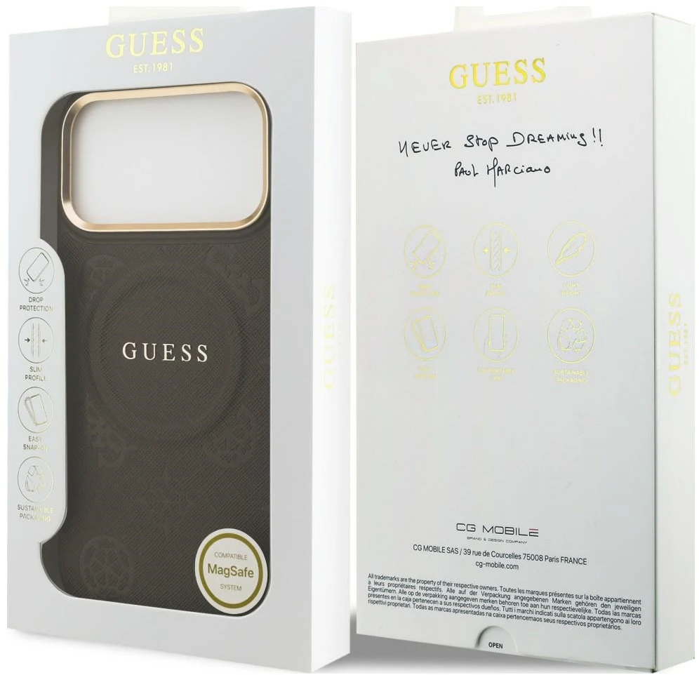 Dėklas Guess Peony Hot Stamp MagSafe, skirtas iPhone 18 Pro Max / 17 Pro Max, rudas