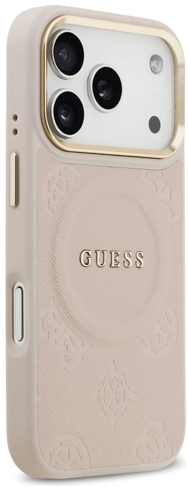 GUESS dėklas, skirtas IPHONE 17 Pro, suderinamas su MagSafe GUHMP17LPSAMSECP (PU su bijūnų karštu antspaudu), rožinis