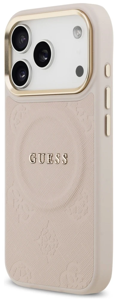 GUESS dėklas, skirtas IPHONE 17 Pro, suderinamas su MagSafe GUHMP17LPSAMSECP (PU su bijūnų karštu antspaudu), rožinis