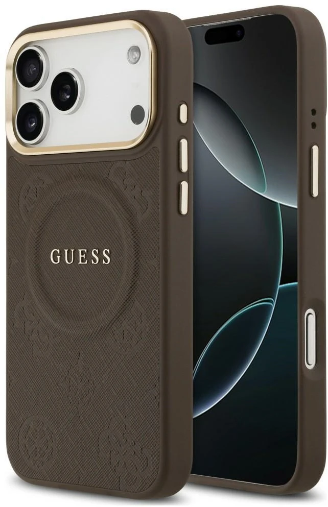 Dėklas Guess Peony Hot Stamp MagSafe, skirtas iPhone 18 Pro Max / 17 Pro Max, rudas