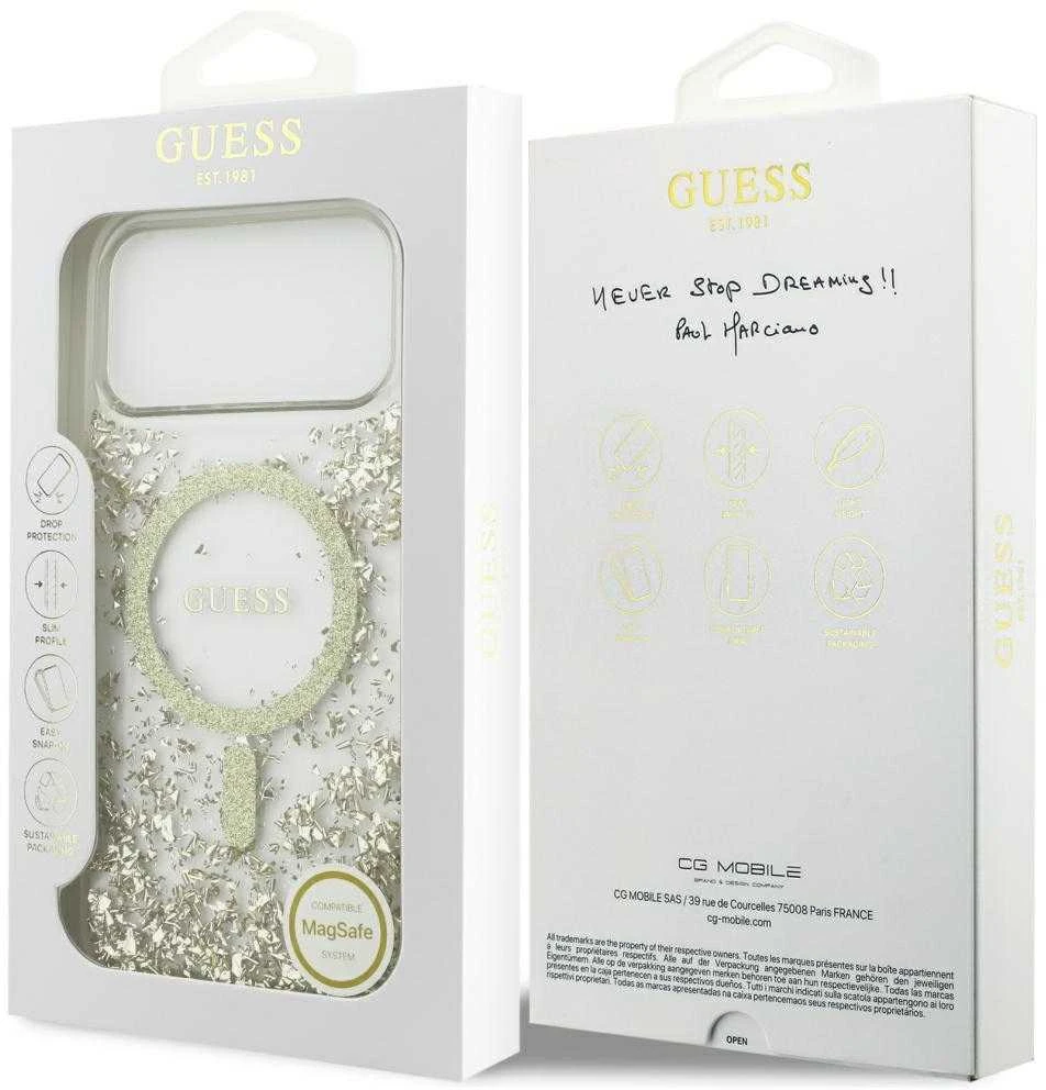 Guess Resin Bottom Glitter MagSafe dėklas Apple iPhone 17 Pro Max aukso spalvos