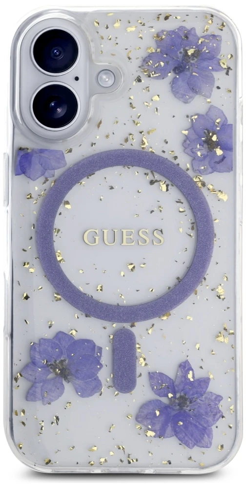 Guess Resin Flowers Glitter MagSafe dėklas iPhone 16 - violetinė