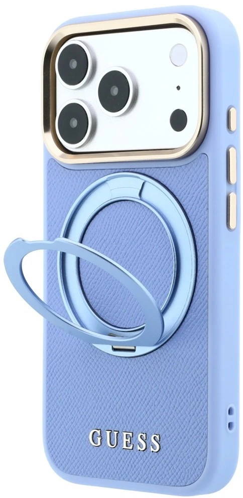 Dėklas Guess Ring Stand 360 Grained Classic Logo MagSafe, skirtas iPhone 18 Pro / 17 Pro, šviesiai mėlynas