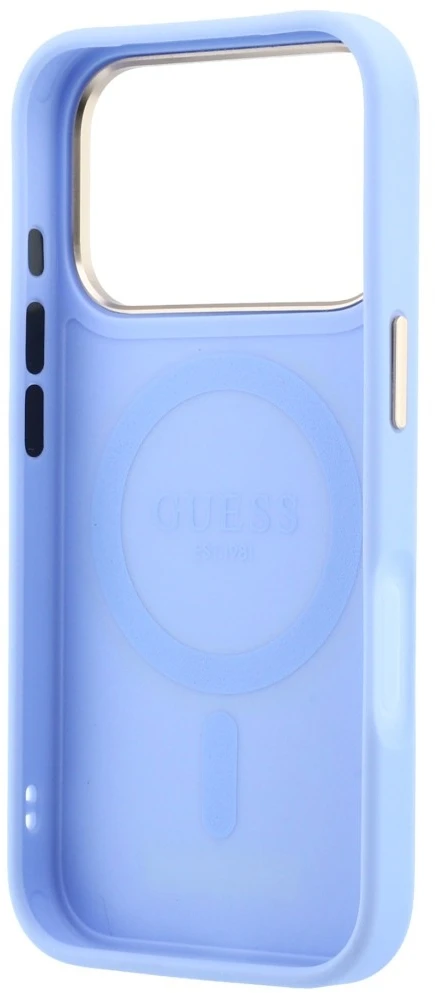 Dėklas Guess Ring Stand 360 Grained Classic Logo MagSafe, skirtas iPhone 18 Pro / 17 Pro, šviesiai mėlynas