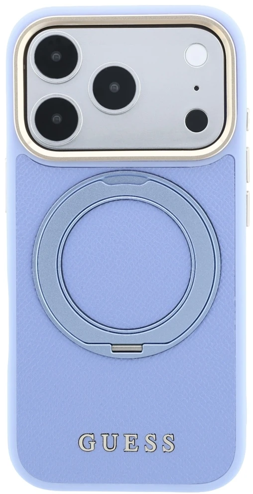 Dėklas Guess Ring Stand 360 Grained Classic Logo MagSafe, skirtas iPhone 18 Pro Max/17 Pro Max, šviesiai mėlynas