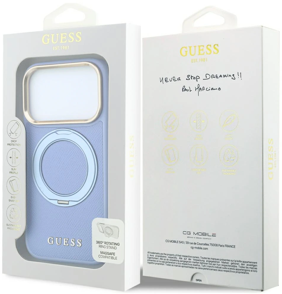 Dėklas Guess Ring Stand 360 Grained Classic Logo MagSafe, skirtas iPhone 18 Pro Max/17 Pro Max, šviesiai mėlynas
