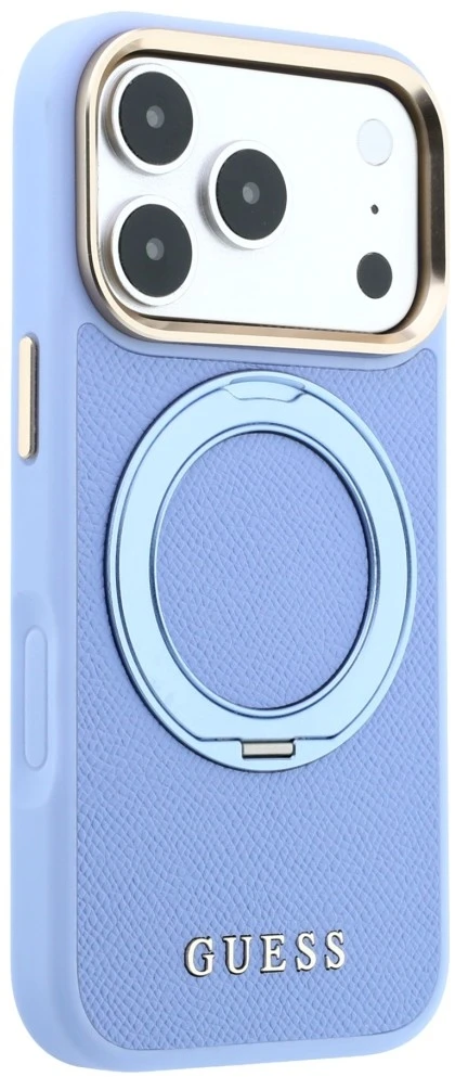 Dėklas Guess Ring Stand 360 Grained Classic Logo MagSafe, skirtas iPhone 18 Pro / 17 Pro, šviesiai mėlynas