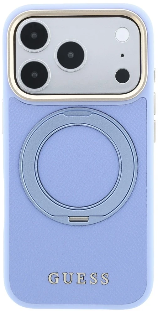 Dėklas Guess Ring Stand 360 Grained Classic Logo MagSafe, skirtas iPhone 18 Pro / 17 Pro, šviesiai mėlynas