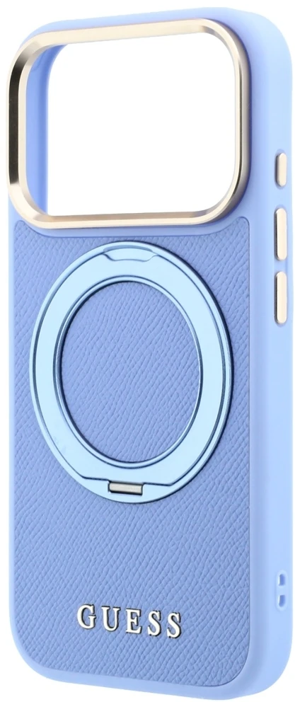 Dėklas Guess Ring Stand 360 Grained Classic Logo MagSafe, skirtas iPhone 18 Pro Max/17 Pro Max, šviesiai mėlynas