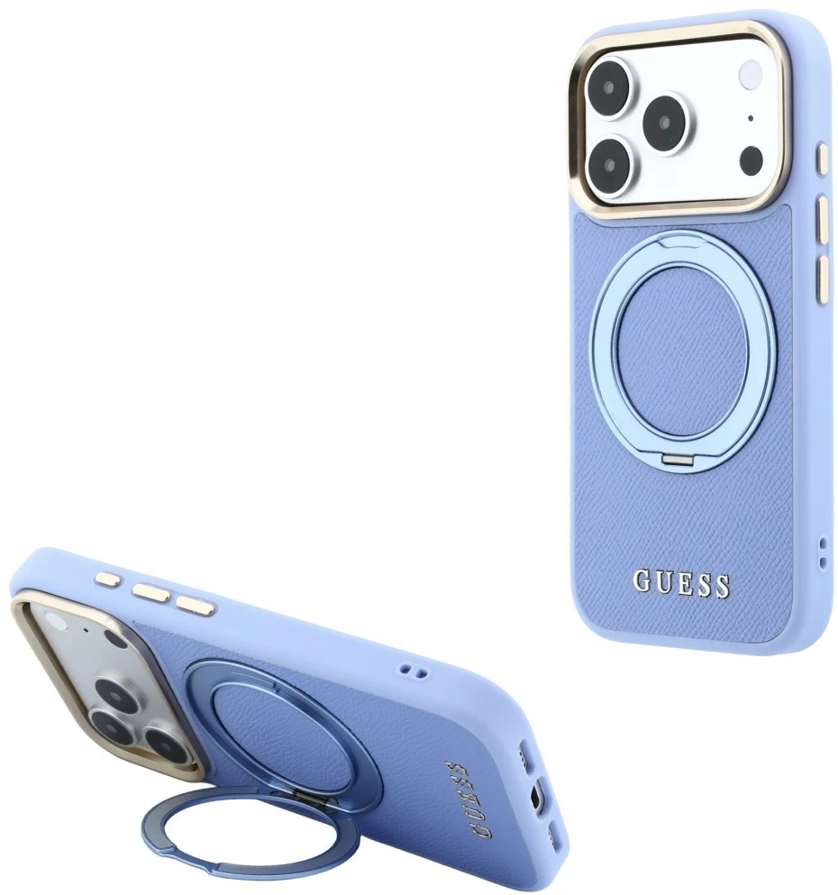 Dėklas Guess Ring Stand 360 Grained Classic Logo MagSafe, skirtas iPhone 18 Pro / 17 Pro, šviesiai mėlynas