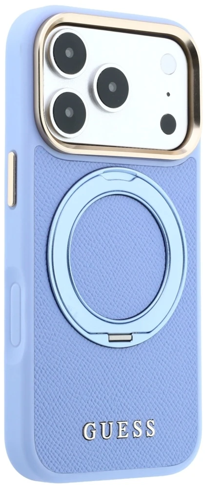 Dėklas Guess Ring Stand 360 Grained Classic Logo MagSafe, skirtas iPhone 18 Pro Max/17 Pro Max, šviesiai mėlynas