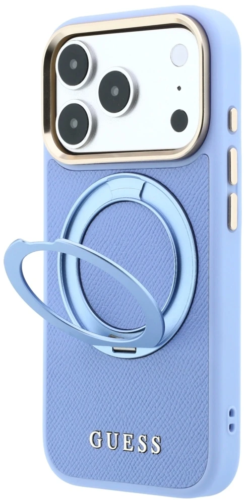 Dėklas Guess Ring Stand 360 Grained Classic Logo MagSafe, skirtas iPhone 18 Pro Max/17 Pro Max, šviesiai mėlynas