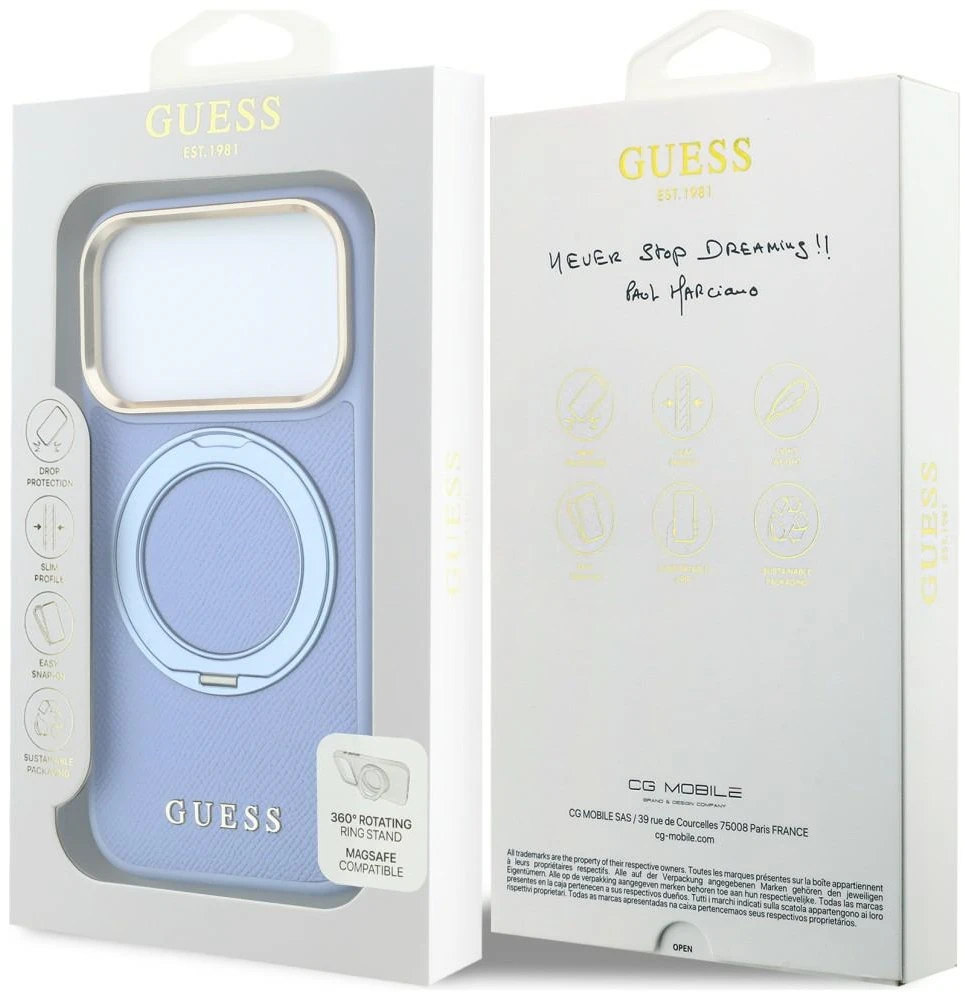 Dėklas Guess Ring Stand 360 Grained Classic Logo MagSafe, skirtas iPhone 18 Pro / 17 Pro, šviesiai mėlynas