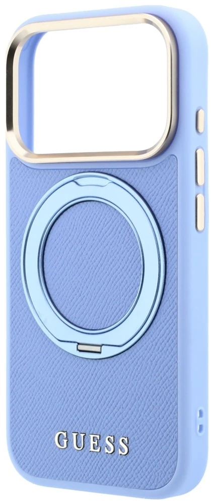 Dėklas Guess Ring Stand 360 Grained Classic Logo MagSafe, skirtas iPhone 18 Pro / 17 Pro, šviesiai mėlynas