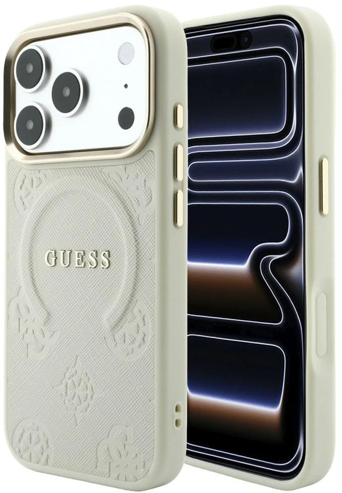 Dėklas Guess Saffiano Peony & Ring MagSafe, skirtas iPhone 18 Pro / 17 Pro, smėlio spalvos