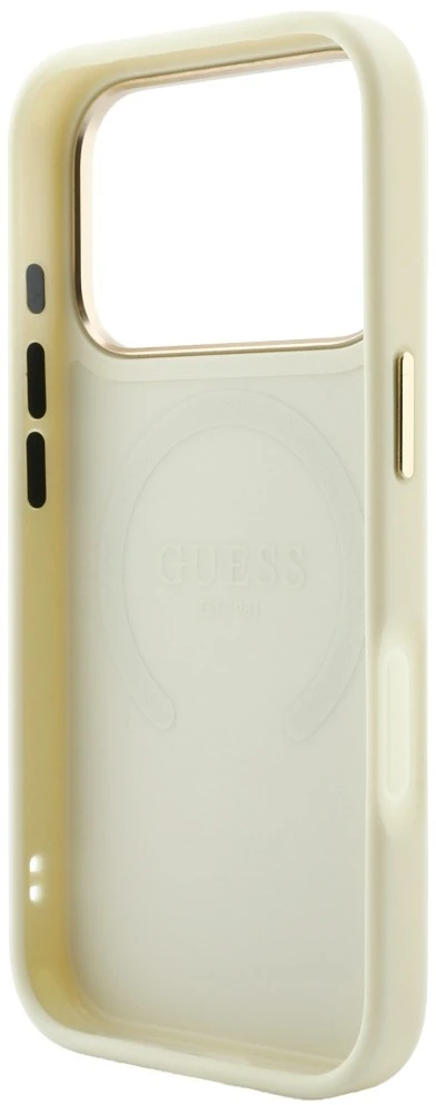Dėklas Guess Saffiano Peony & Ring MagSafe, skirtas iPhone 18 Pro / 17 Pro, smėlio spalvos