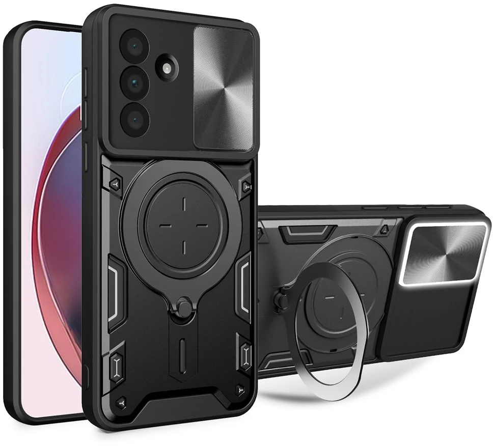 Dėklas Hurtel Samsung Galaxy A17 4G / A17 5G / A18 / A26 Case with Stand and Sliding Lens Cover – juodos spalvos