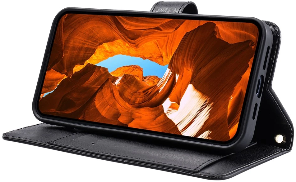 Hurtel Samsung Galaxy A37 5G odinis dėklas-piniginė su stovu ir dirželiu per petį – juodos spalvos