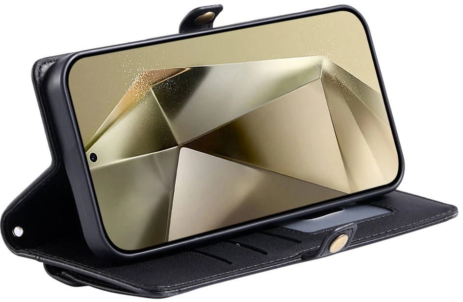 Hurtel Samsung Galaxy A56 5G odinis dėklas-piniginė su stovo funkcija ir dirželiais – juodos spalvos