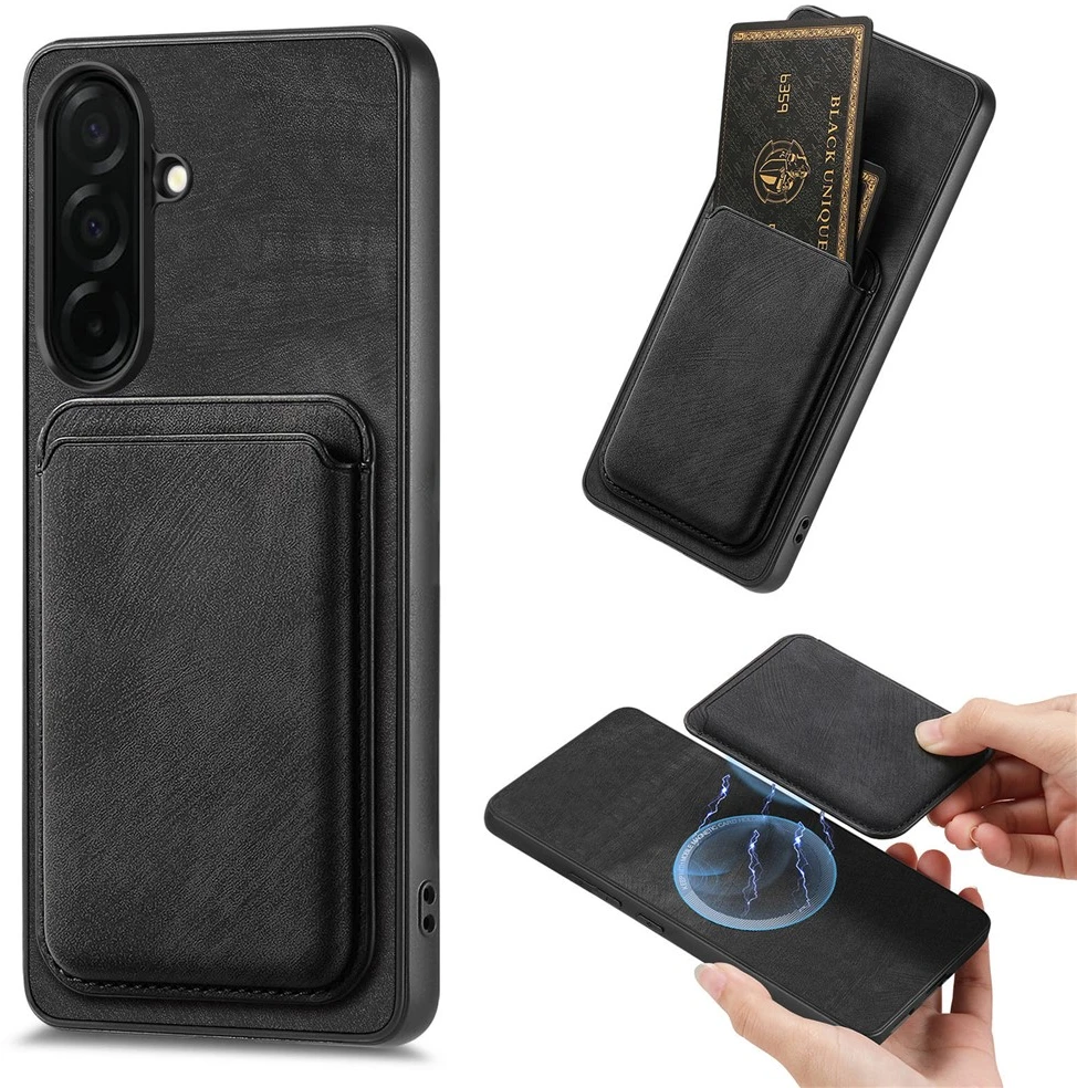 Dėklas Hurtel Samsung Galaxy S26 Case with Detachable Card Holder, MagSafe Compatible, Synthetic Leather – juodos spalvos